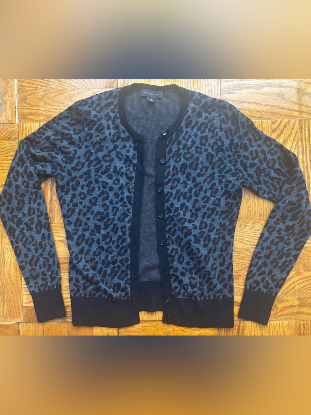 Ann Taylor Grey Black Leopard Print Button-Down Cardigan Sweater XS